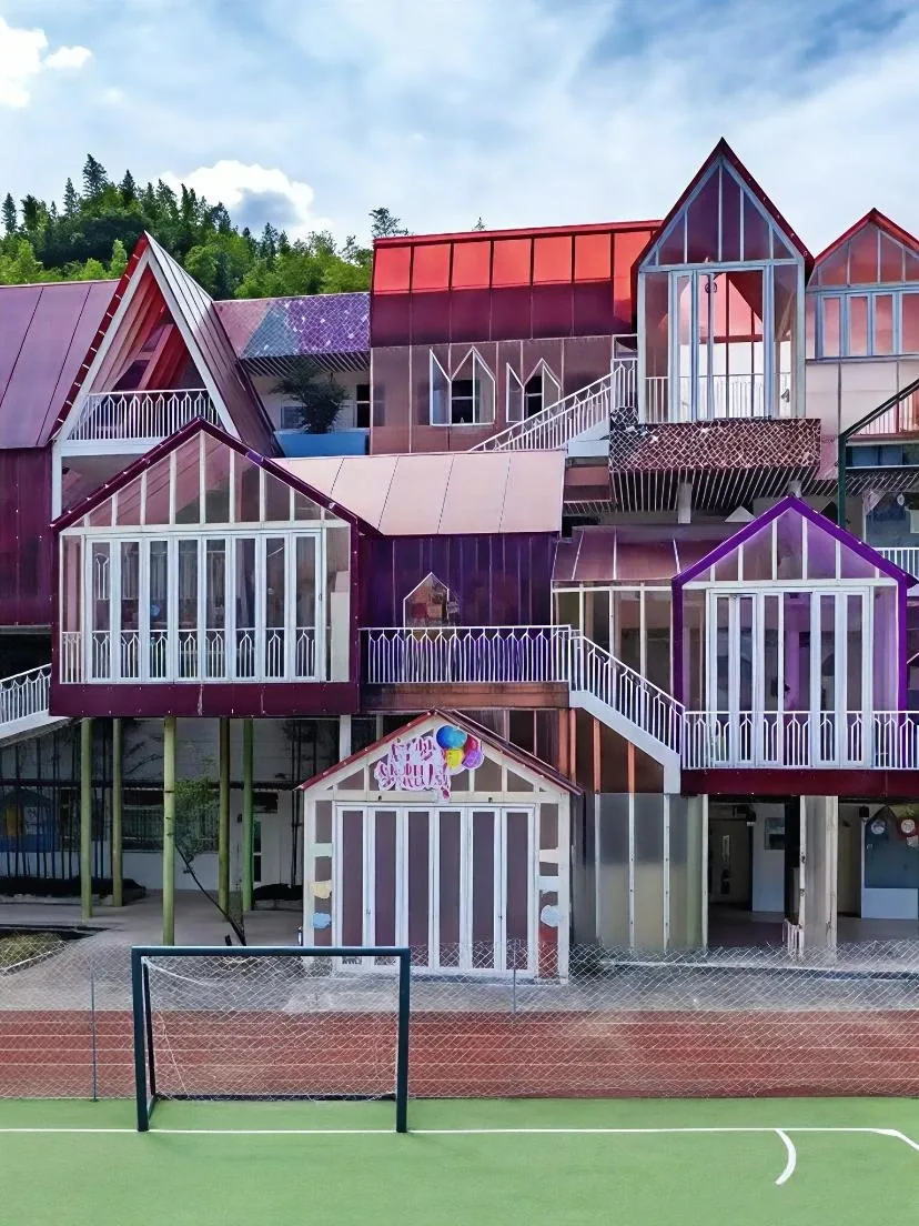 Educational rooftop architecture with colored skylights